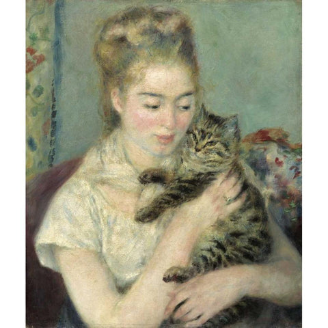 Woman with a Cat Black Modern Wood Framed Art Print with Double Matting by Renoir, Pierre-Auguste