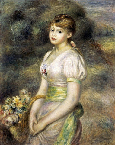 Young Girl Carrying a Basket of Flowers Black Ornate Wood Framed Art Print with Double Matting by Renoir, Pierre-Auguste
