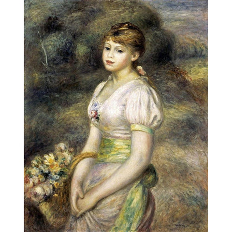 Young Girl Carrying a Basket of Flowers Black Modern Wood Framed Art Print by Renoir, Pierre-Auguste