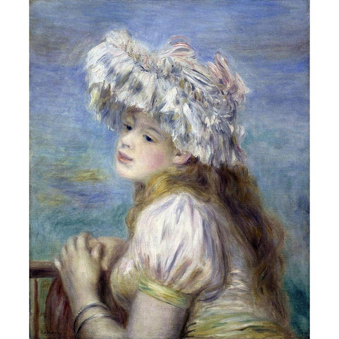 Young Girl in a Lace Hat Black Modern Wood Framed Art Print with Double Matting by Renoir, Pierre-Auguste
