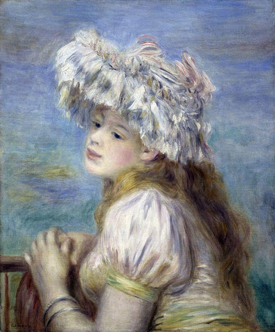 Young Girl in a Lace Hat Black Ornate Wood Framed Art Print with Double Matting by Renoir, Pierre-Auguste