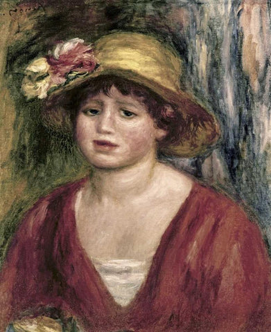 Young Girl In a Red Dress White Modern Wood Framed Art Print with Double Matting by Renoir, Pierre-Auguste