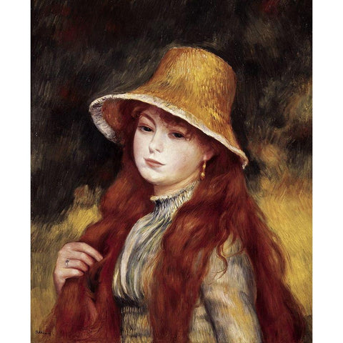 Young Girl in a Straw Hat Black Modern Wood Framed Art Print with Double Matting by Renoir, Pierre-Auguste