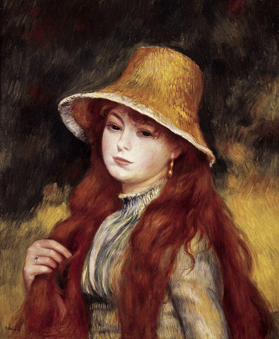Young Girl in a Straw Hat White Modern Wood Framed Art Print with Double Matting by Renoir, Pierre-Auguste