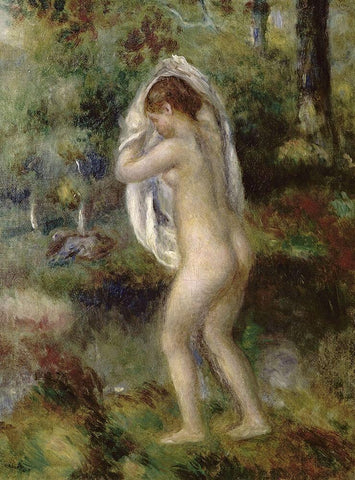 Young Girl Undressing To Bathe In The Forest White Modern Wood Framed Art Print with Double Matting by Renoir, Pierre-Auguste