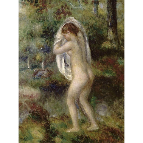 Young Girl Undressing To Bathe In The Forest Black Modern Wood Framed Art Print by Renoir, Pierre-Auguste