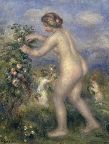 Young Nude Girl Picking Flowers Black Ornate Wood Framed Art Print with Double Matting by Renoir, Pierre-Auguste
