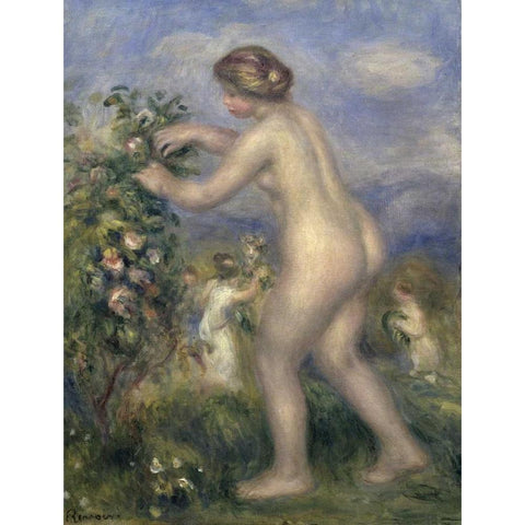 Young Nude Girl Picking Flowers Black Modern Wood Framed Art Print by Renoir, Pierre-Auguste
