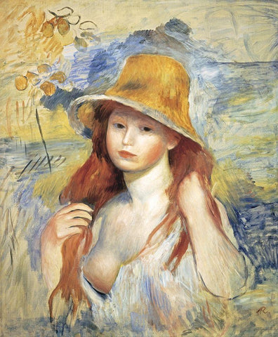 Young Woman in a Straw Hat White Modern Wood Framed Art Print with Double Matting by Renoir, Pierre-Auguste