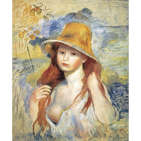 Young Woman in a Straw Hat Black Modern Wood Framed Art Print by Renoir, Pierre-Auguste