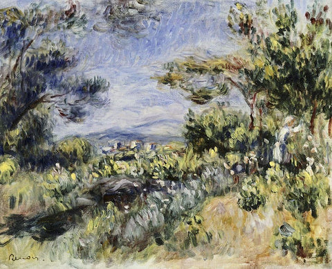 Young Woman in the Landscape Black Ornate Wood Framed Art Print with Double Matting by Renoir, Pierre-Auguste