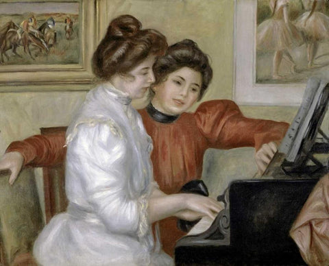 Yvonne and Christine Lerolle at the Piano, 1897-1898 White Modern Wood Framed Art Print with Double Matting by Renoir, Pierre-Auguste