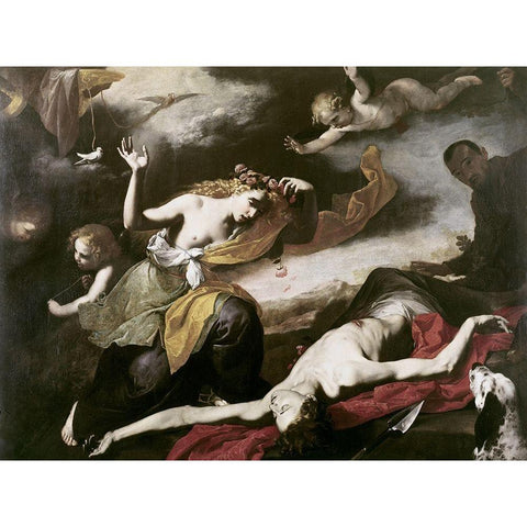 Death of Adonis Black Modern Wood Framed Art Print with Double Matting by Ribera, Jusepe de