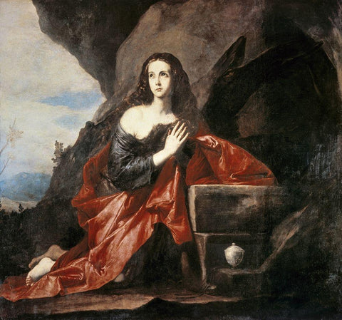 Mary Magdalene White Modern Wood Framed Art Print with Double Matting by Ribera, Jusepe de