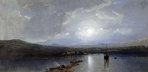 Moonlit River Black Ornate Wood Framed Art Print with Double Matting by Richards, William Trost