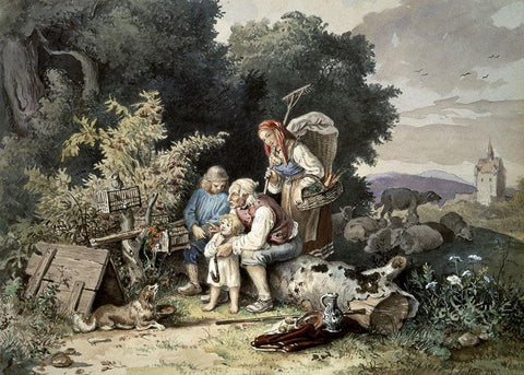 Shepherds Family Black Ornate Wood Framed Art Print with Double Matting by Richter, Ludwig