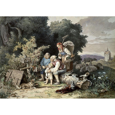 Shepherds Family Black Modern Wood Framed Art Print by Richter, Ludwig