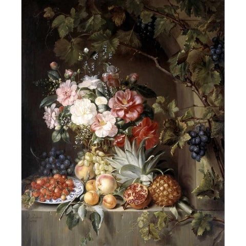 Still Life with a Basket of Flowers Gold Ornate Wood Framed Art Print with Double Matting by Rietveld, Antonie