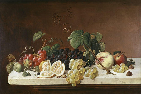 Still Life With Fruit Black Ornate Wood Framed Art Print with Double Matting by Roesen, Severin