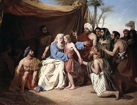 Jacob Refusing To Let Benjamin Leave White Modern Wood Framed Art Print with Double Matting by Roger, Eugene