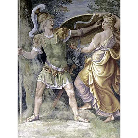 Thetis Arming Achilles Black Modern Wood Framed Art Print with Double Matting by Romano, Giulio
