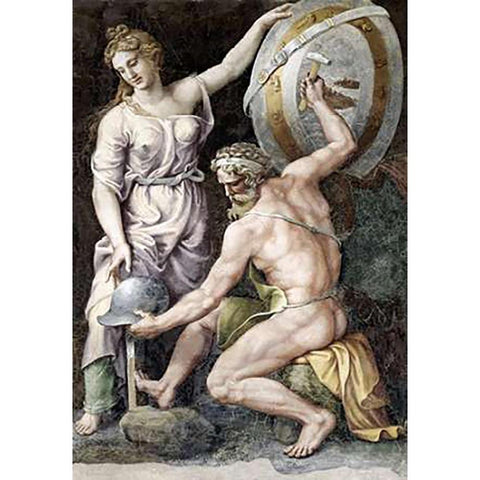 Vulcan Forging Armour For Achilles Gold Ornate Wood Framed Art Print with Double Matting by Romano, Giulio