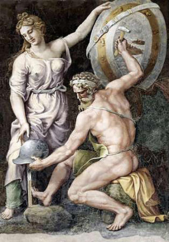 Vulcan Forging Armour For Achilles White Modern Wood Framed Art Print with Double Matting by Romano, Giulio