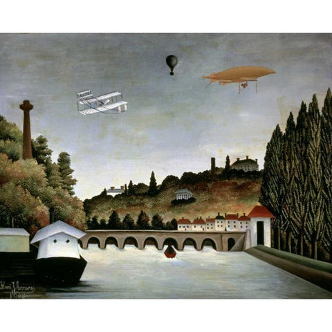 Landscape With Zeppelin White Modern Wood Framed Art Print by Rousseau, Henri