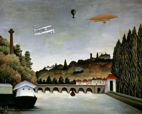 Landscape With Zeppelin White Modern Wood Framed Art Print with Double Matting by Rousseau, Henri