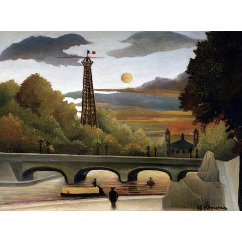 The Eiffel Tower Black Modern Wood Framed Art Print with Double Matting by Rousseau, Henri