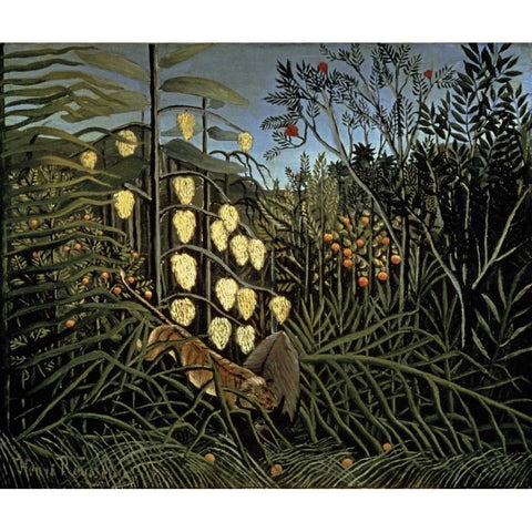 Tropical Forest: Battling Tiger and Bull White Modern Wood Framed Art Print by Rousseau, Henri