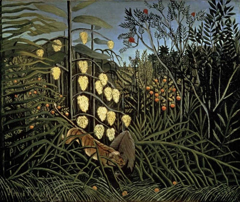 Tropical Forest: Battling Tiger and Bull White Modern Wood Framed Art Print with Double Matting by Rousseau, Henri