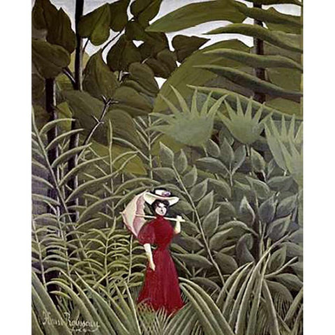 Woman with an Umbrella in an Exotic Forest White Modern Wood Framed Art Print by Rousseau, Henri