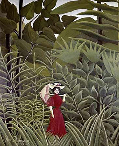 Woman with an Umbrella in an Exotic Forest Black Ornate Wood Framed Art Print with Double Matting by Rousseau, Henri