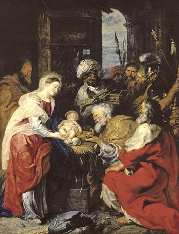 Adoration of the Kings Black Ornate Wood Framed Art Print with Double Matting by Rubens, Peter Paul