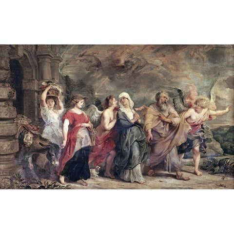 Escape of Lot Gold Ornate Wood Framed Art Print with Double Matting by Rubens, Peter Paul