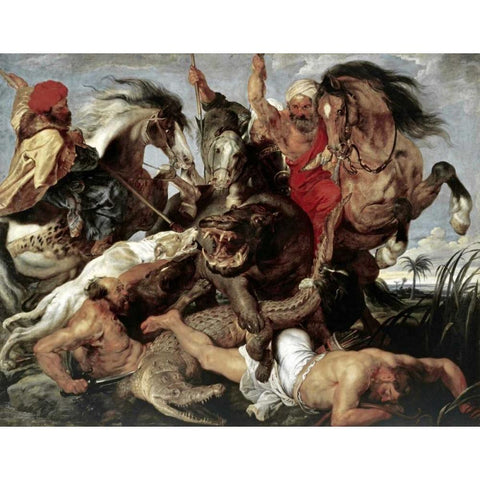 Hippo Hunt White Modern Wood Framed Art Print by Rubens, Peter Paul