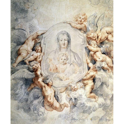 Image of the Virgin Portrayed with Angels White Modern Wood Framed Art Print by Rubens, Peter Paul