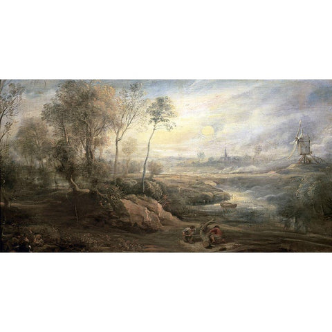 Landscape With a Bird-Catcher Black Modern Wood Framed Art Print with Double Matting by Rubens, Peter Paul