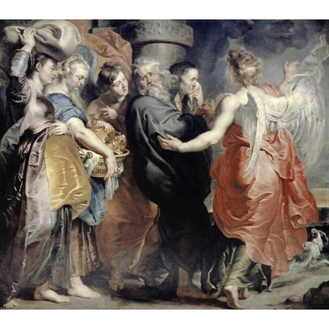 Lots Flight From Sodom Black Modern Wood Framed Art Print with Double Matting by Rubens, Peter Paul