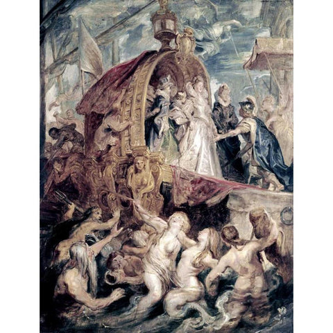 Marie De Medici Arrives In Marseilles Gold Ornate Wood Framed Art Print with Double Matting by Rubens, Peter Paul