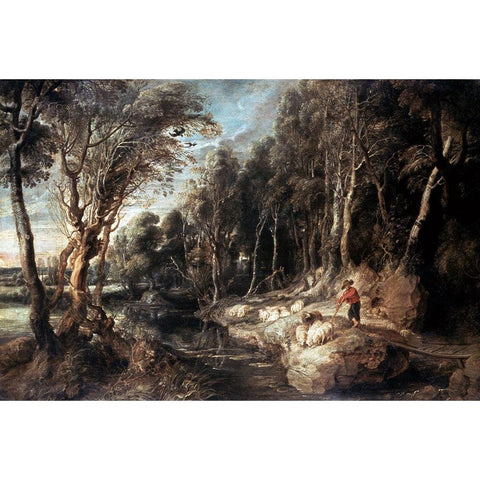 Shepherd With His Flock Black Modern Wood Framed Art Print with Double Matting by Rubens, Peter Paul