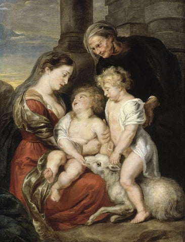 The Virgin and Child with the Infant Saint John the Baptist and Saint Elizabeth White Modern Wood Framed Art Print with Double Matting by Rubens, Peter Paul