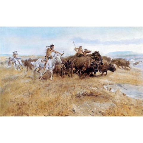 Buffalo Hunt Gold Ornate Wood Framed Art Print with Double Matting by Russell, Charles M.