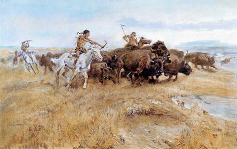 Buffalo Hunt Black Ornate Wood Framed Art Print with Double Matting by Russell, Charles M.