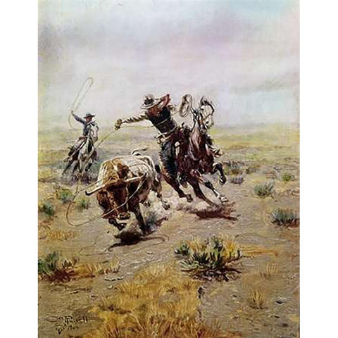 Cowboy Roping a Steer Gold Ornate Wood Framed Art Print with Double Matting by Russell, Charles