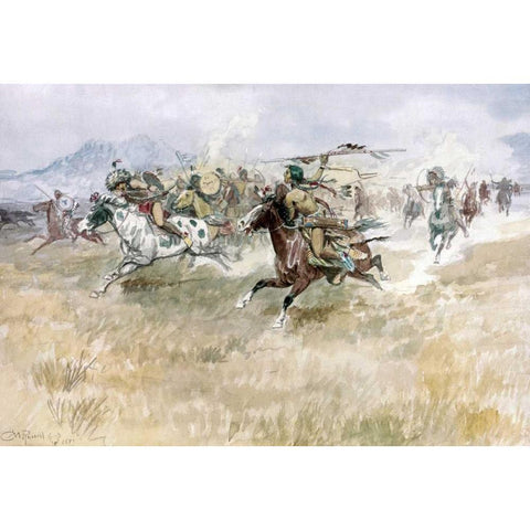 Indian Ambush Gold Ornate Wood Framed Art Print with Double Matting by Russell, Charles M.