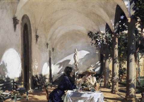 Breakfast in the Loggia Black Ornate Wood Framed Art Print with Double Matting by Sargent, John Singer