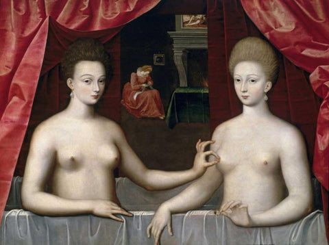 Gabrielle DEstrees and One of Her Sisters Black Ornate Wood Framed Art Print with Double Matting by School of Fontainebleau