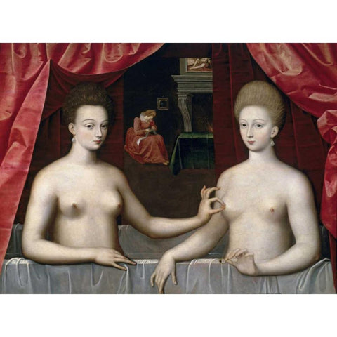 Gabrielle DEstrees and One of Her Sisters Gold Ornate Wood Framed Art Print with Double Matting by School of Fontainebleau